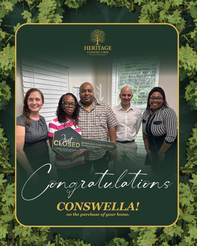 5 People smiling for picture after real estate closing with a congratulations graphic post for social media