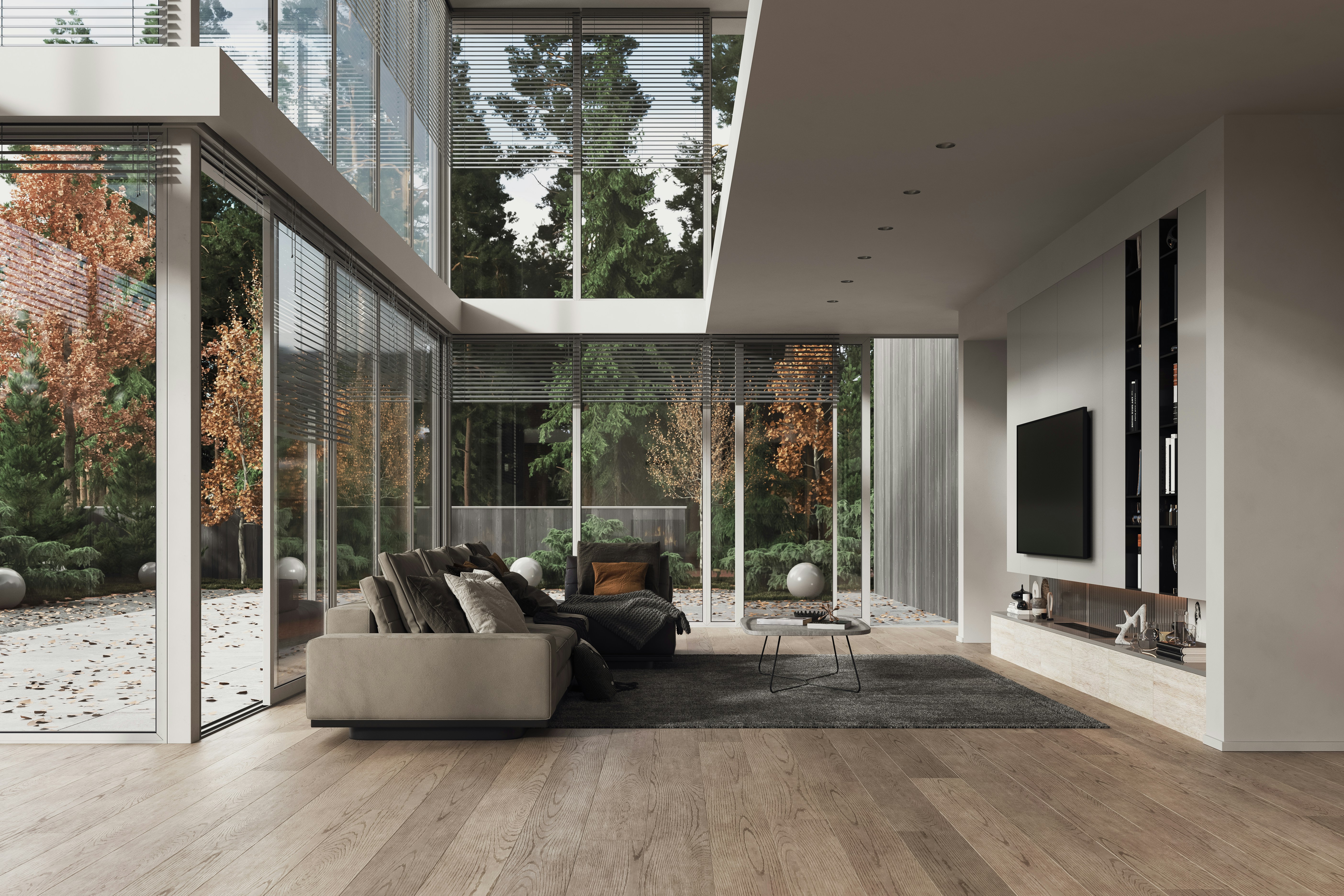 Luxury home living yard with floor to ceiling windows
